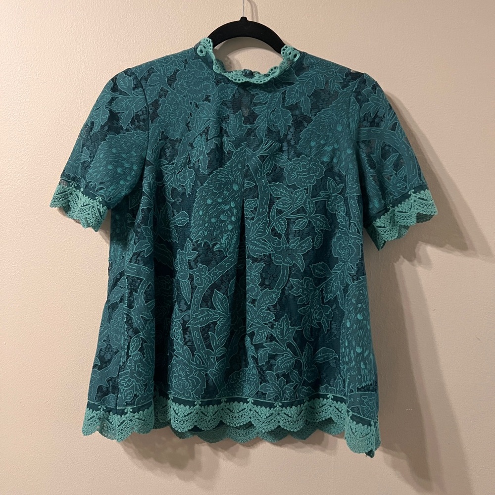 Anthropologie HD in Paris | Teal Lace Short Sleeve Top
